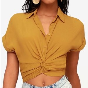 NWOT Mustard Yellow Button-Up Knotted Crop Top